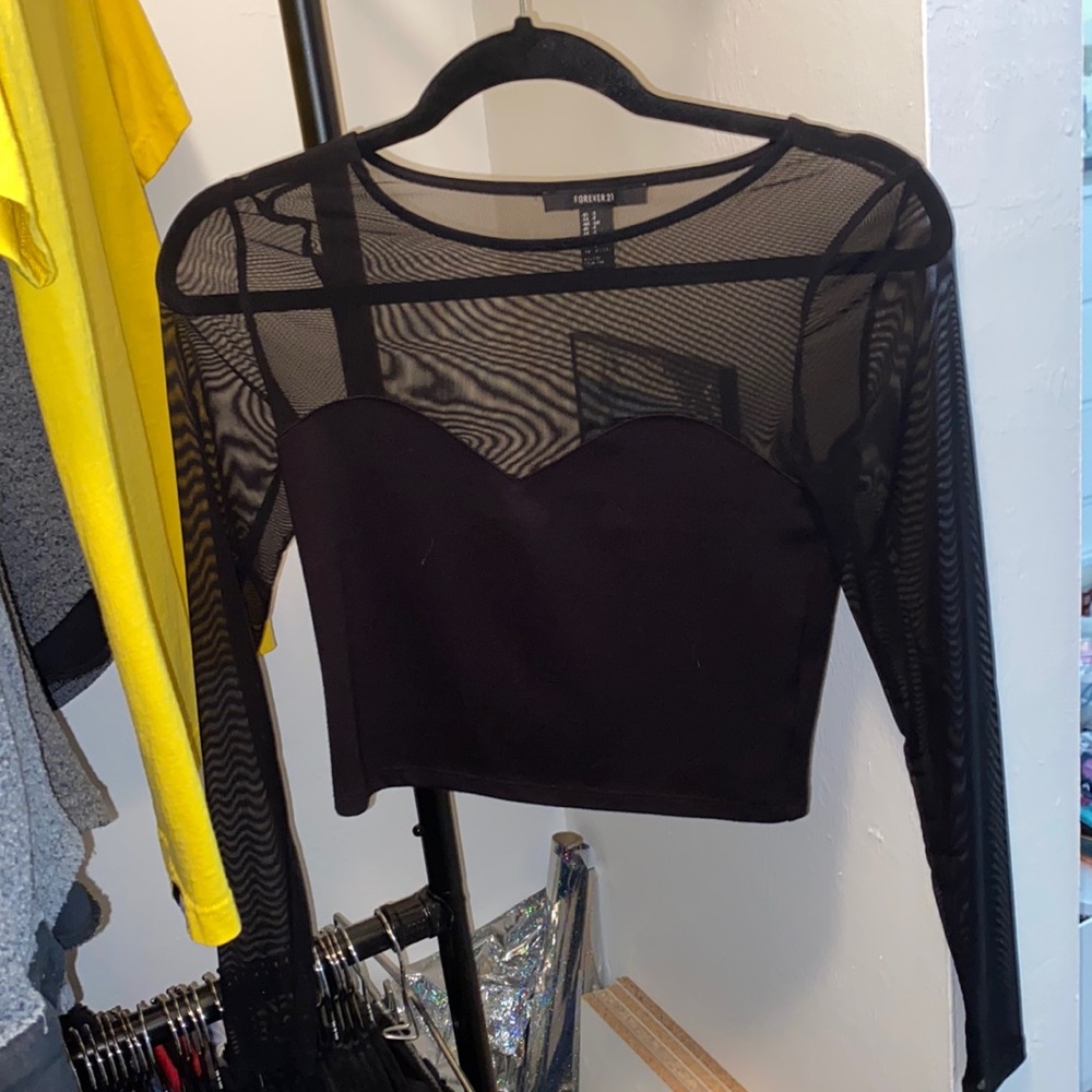 Black mesh long sleeve crop top